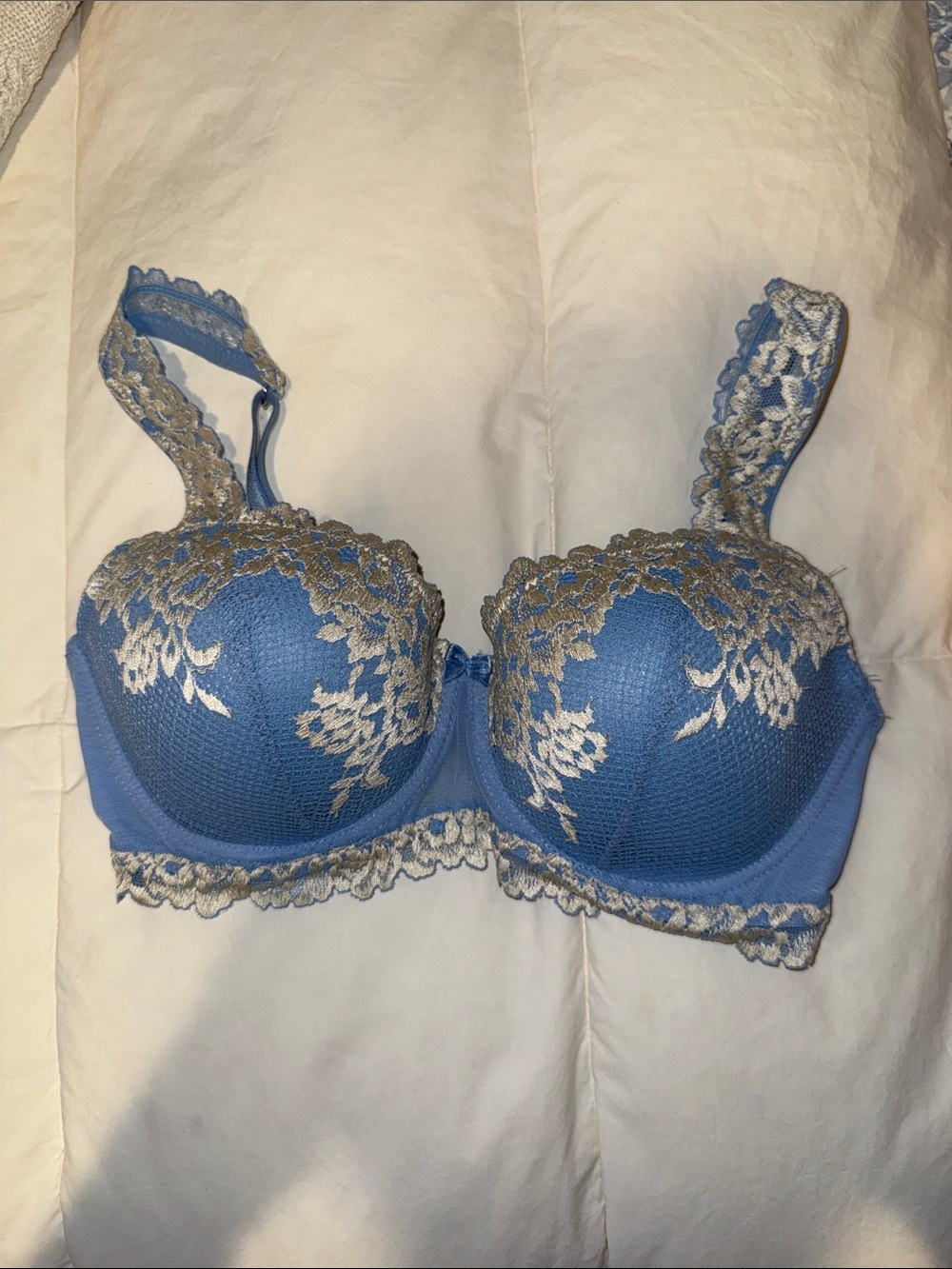 intimissimi Blue Bra with Cream Lace Overlay